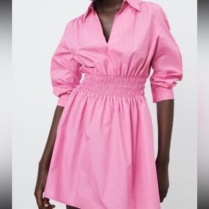 Pink Zara gathered waist collared dress